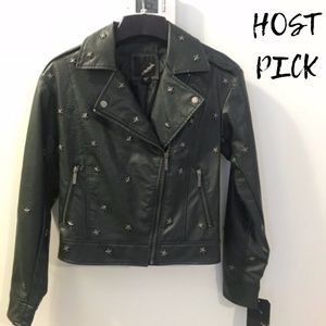 Collection B Green Star Studded Moto Jacket SZ XS